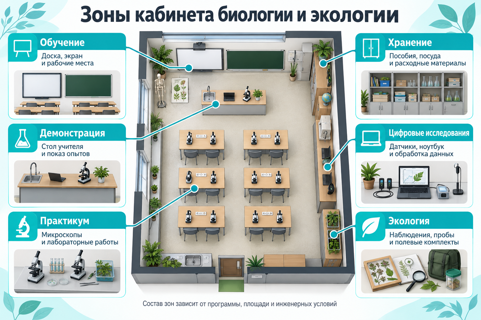 Шесть функциональных зон кабинета биологии и экологии