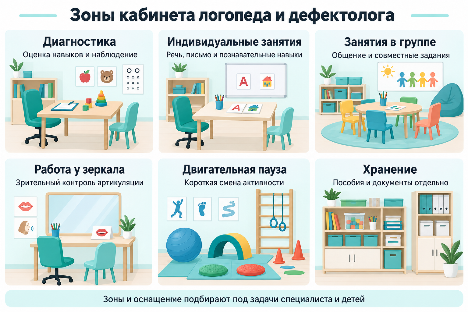 Шесть зон кабинета логопеда и дефектолога